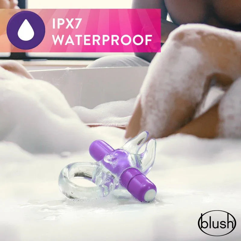 Purple Bull C-ring on a bath edge amid bubbles, IPX7 waterproof panel