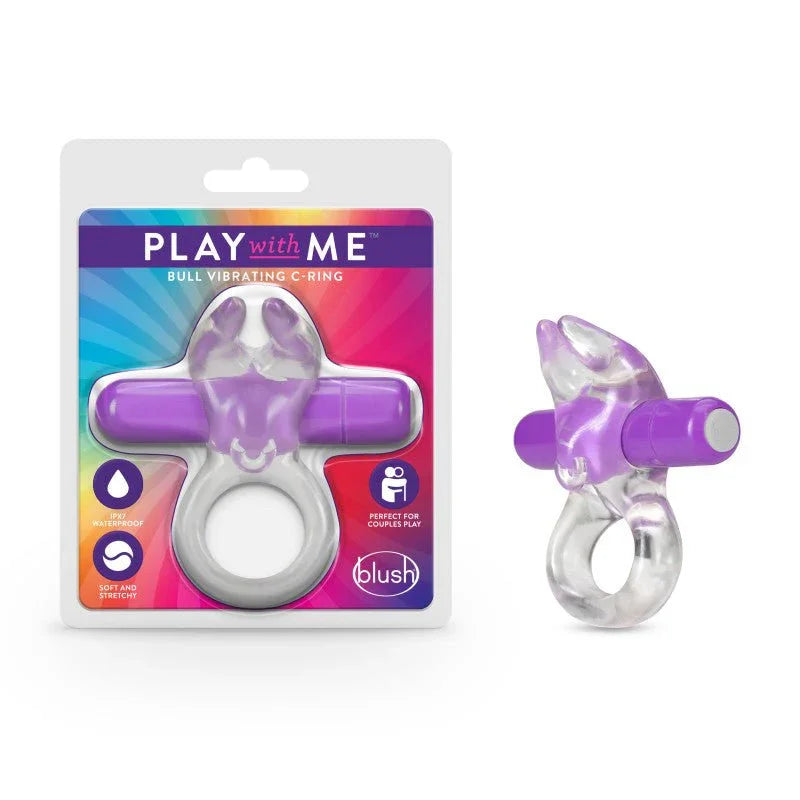 Play With Me Bull vibrating C-ring, clear ring with purple bullet and its blister pack