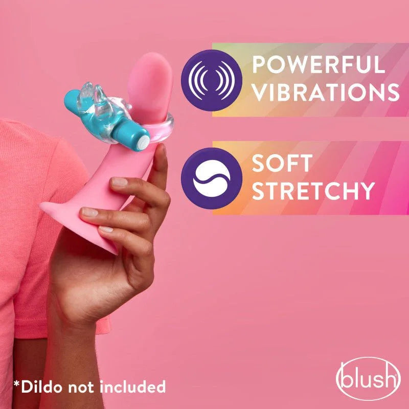 Blue Bull C-ring stretched over a pink dildo in hand, powerful vibrations panel