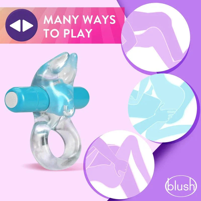 Bull C-ring in blue with illustrated diagrams showing different ways to wear it