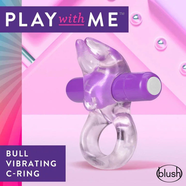 Clear Bull C-ring with purple bullet on a pink set, bull-horn clitoral tickler up