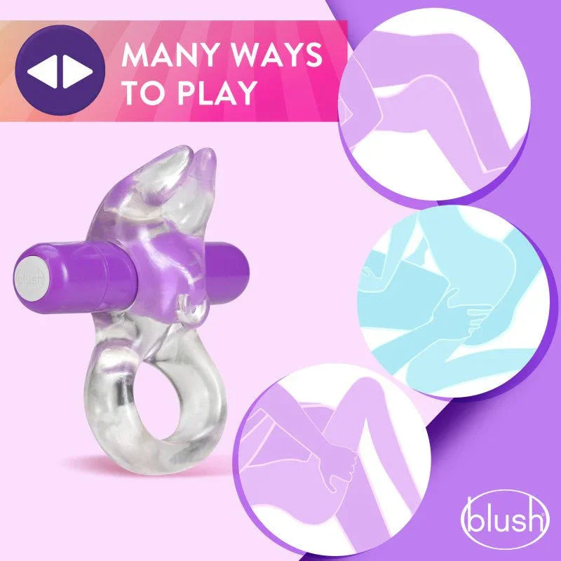Bull C-ring in purple with illustrated diagrams showing different ways to wear it