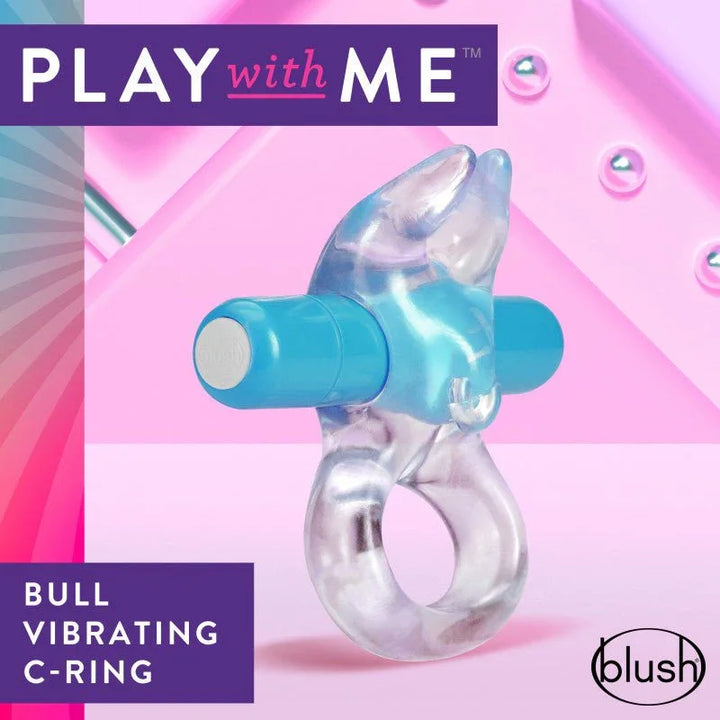 Clear Bull C-ring with blue bullet on a pink set, bull-horn clitoral tickler up