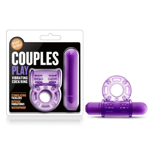 Play With Me Couples Play vibrating cock ring in purple with its bullet and blister pack