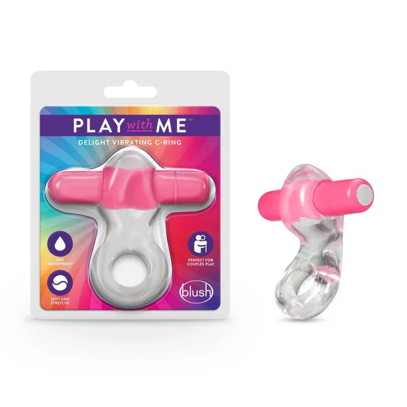 Play With Me Delight vibrating C-ring, clear ring with pink bullet and its blister pack