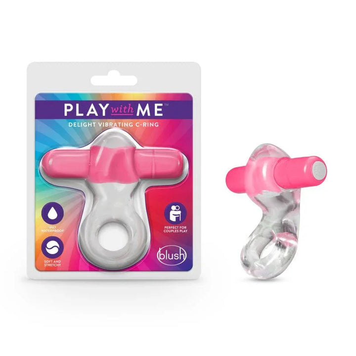 Play With Me Delight vibrating C-ring, clear ring with pink bullet and its blister pack