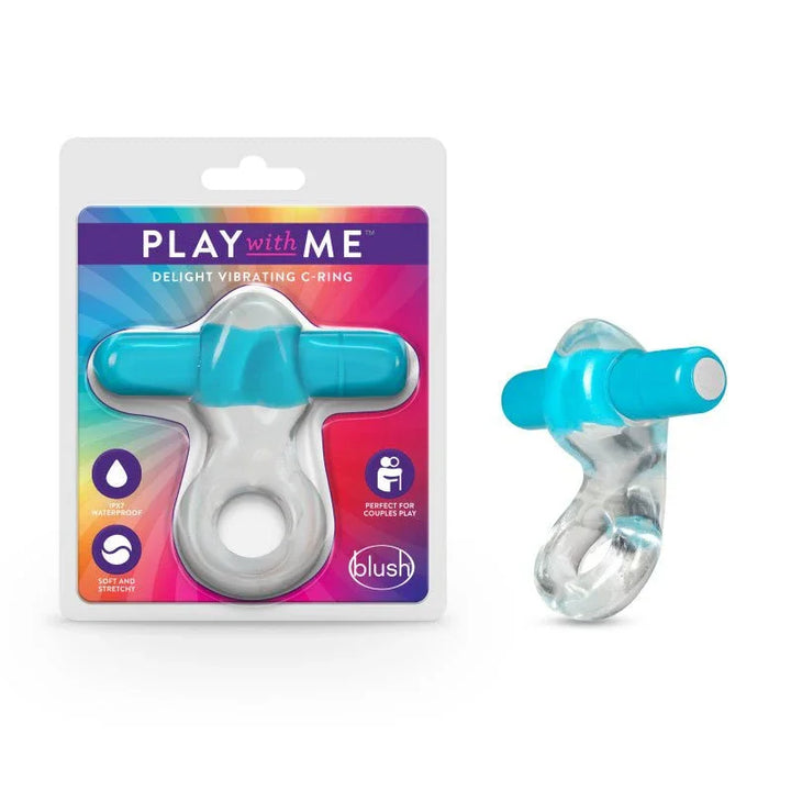 Play With Me Delight vibrating C-ring, clear ring with blue bullet and its blister pack