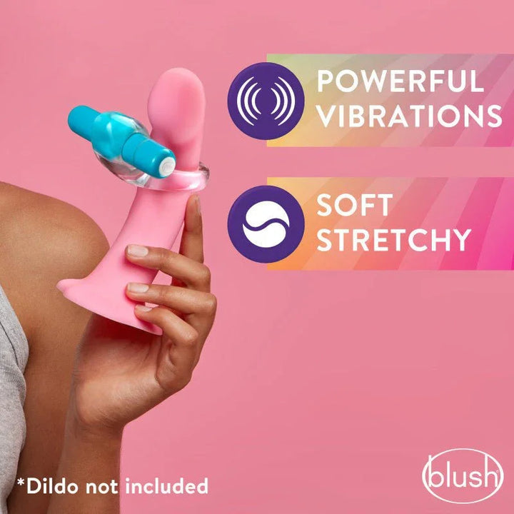 Blue Delight C-ring stretched over a pink dildo in hand, powerful vibrations panel