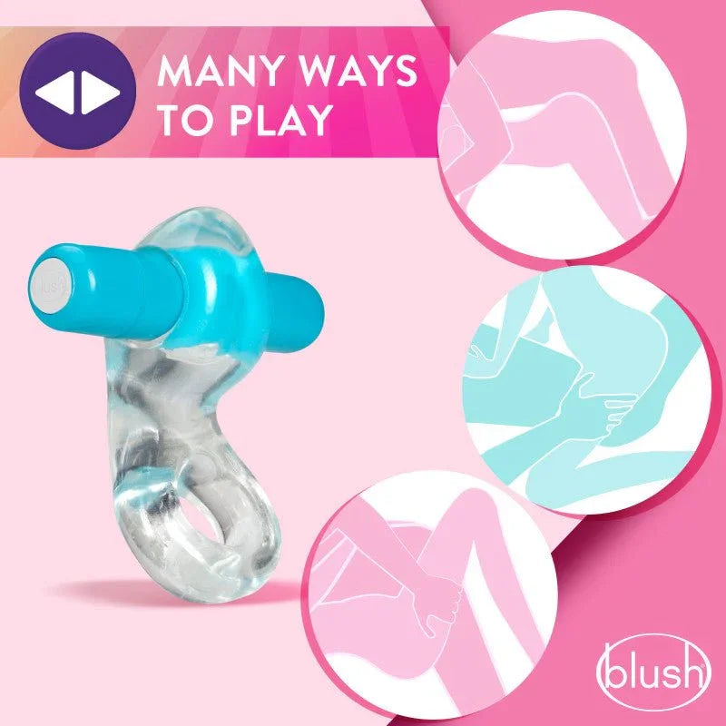 Delight C-ring in blue with illustrated diagrams showing different ways to wear it