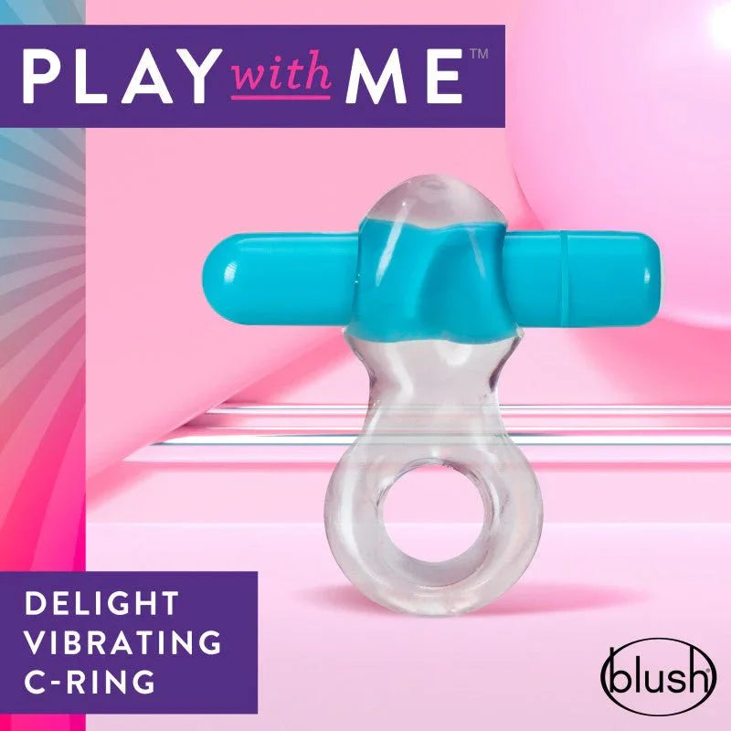 Clear Delight C-ring with blue bullet on a pink set, smooth clitoral bar across the top