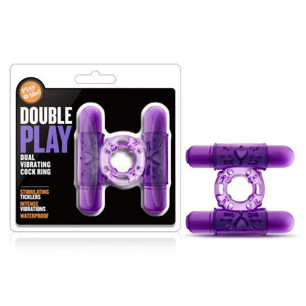 Play With Me Double Play dual vibrating cock ring in purple with two bullets and pack