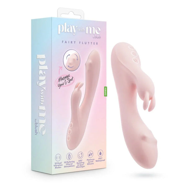Play With Me Fairy Flutter rabbit vibrator in pale pink beside its pastel retail box