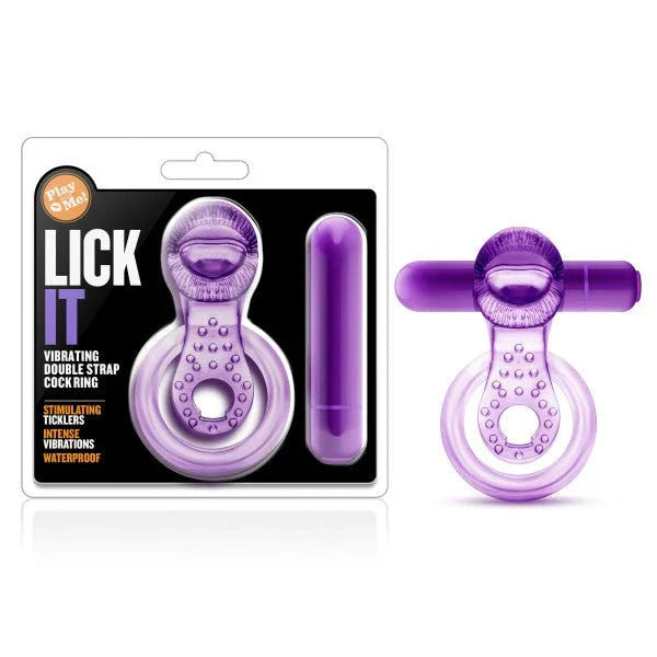 Play With Me Lick It vibrating cock and ball ring in purple with bullet and blister pack