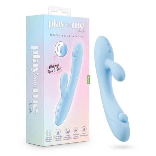Play With Me Moondust Magic rabbit vibrator in light blue beside its pastel retail box