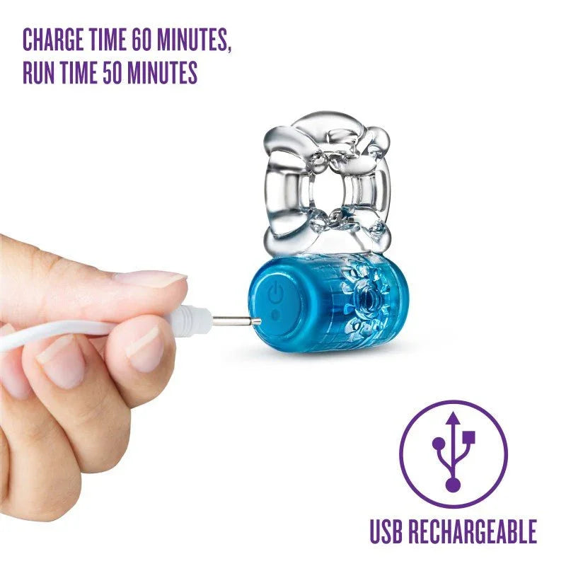Hand plugging the charging cable into the blue Pleaser C-ring, 60 minute charge time