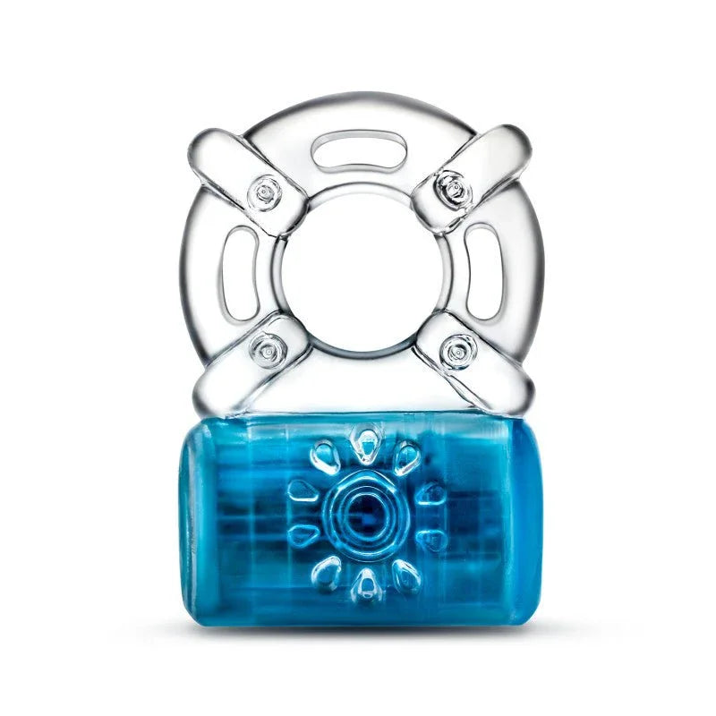 Clear Pleaser C-ring with blue motor housing, front view of the nubbed pad