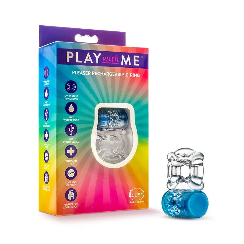 Play With Me Pleaser rechargeable C-ring in blue beside its rainbow retail box