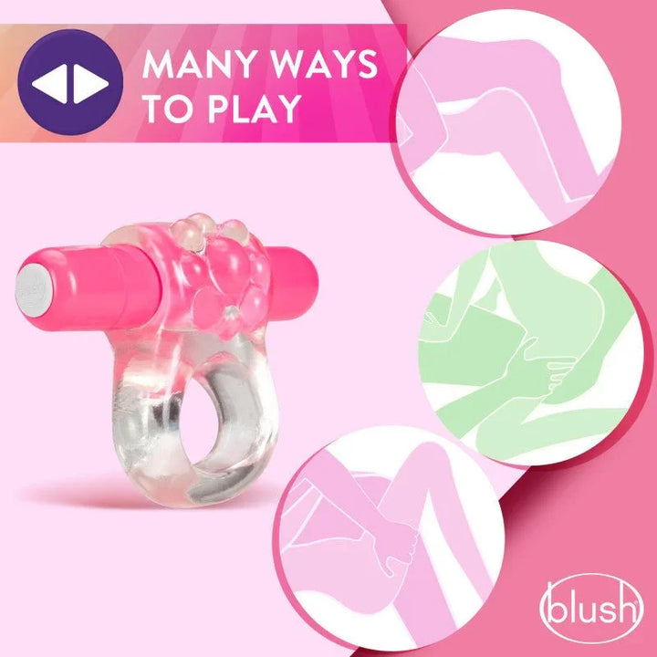 Teaser C-ring in pink with illustrated diagrams showing different ways to wear it