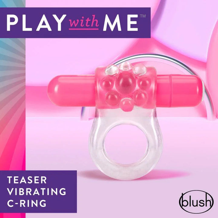 Clear Teaser C-ring with pink bullet on a pink set, nubbed clitoral pad facing up