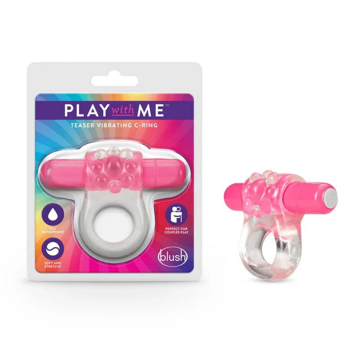 Play With Me Teaser vibrating C-ring, clear ring with pink bullet and its blister pack