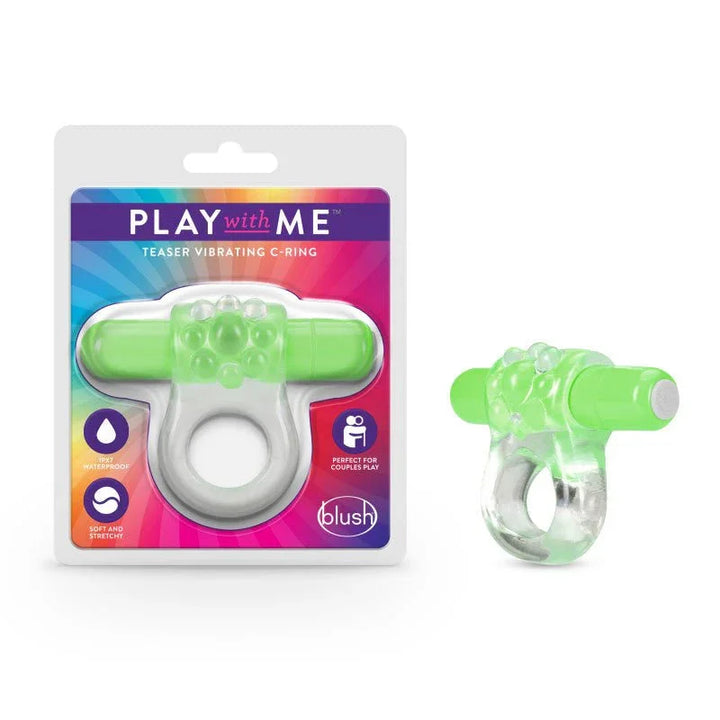Play With Me Teaser vibrating C-ring, clear ring with green bullet and its blister pack