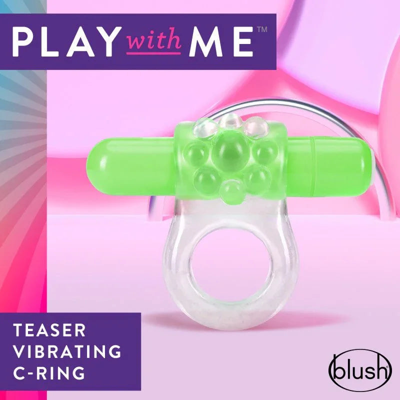 Clear Teaser C-ring with green bullet on a pink set, nubbed clitoral pad facing up