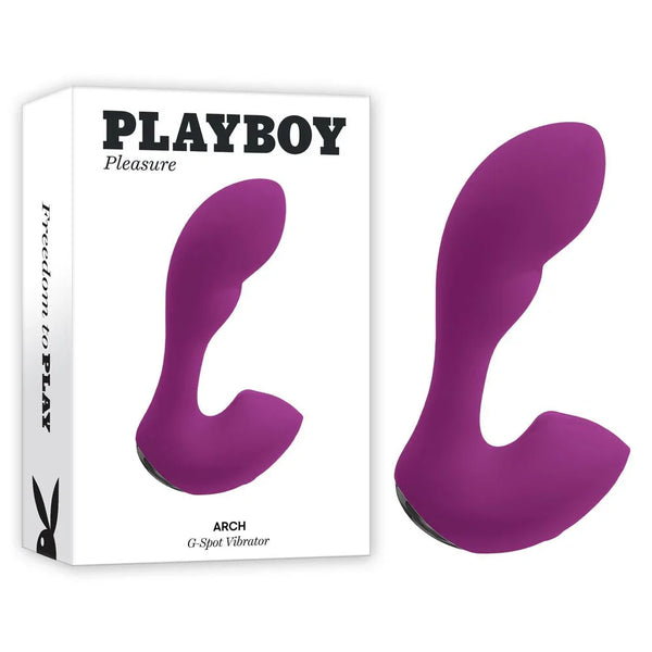 Playboy Pleasure Arch G-spot vibrator in purple beside its retail box