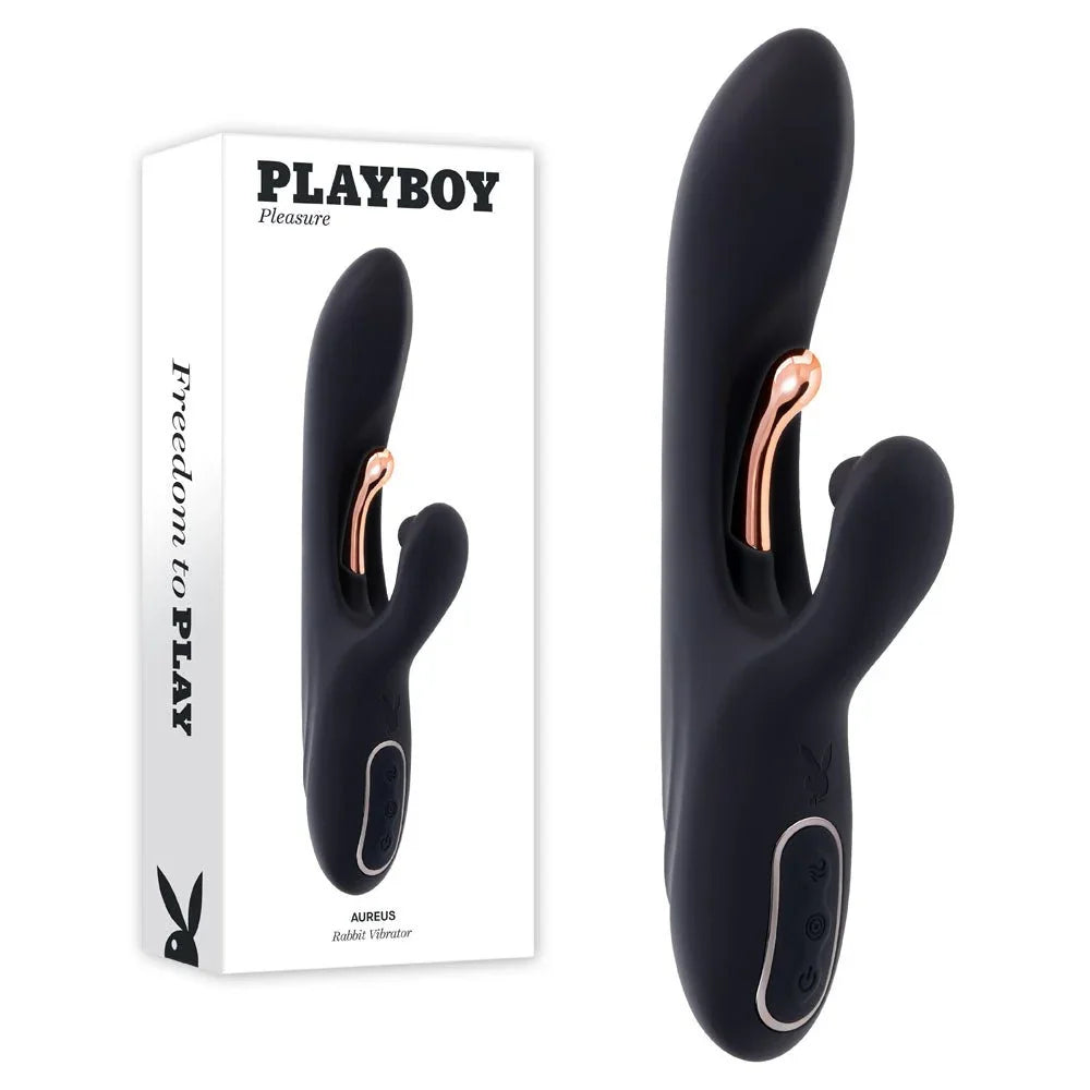 Playboy Pleasure Aureus rabbit vibrator in black beside its retail box