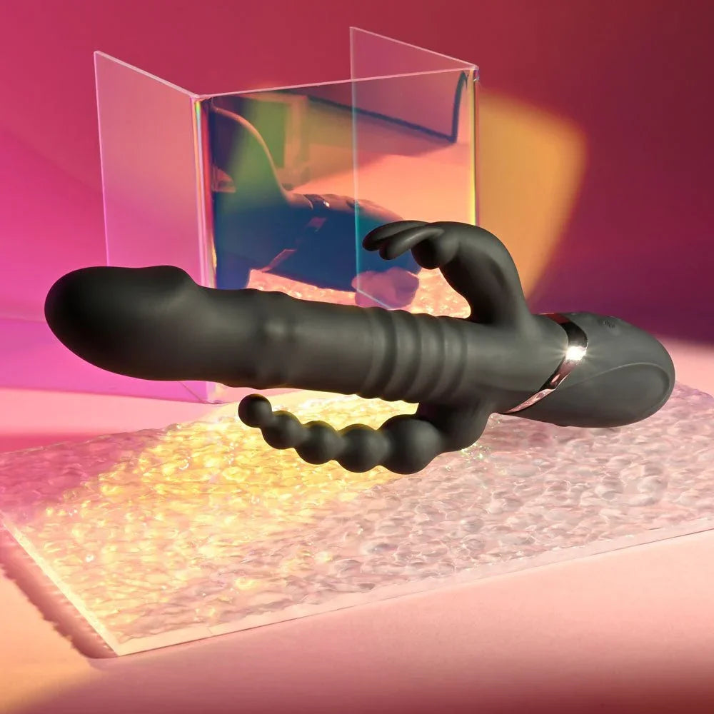 Big Bunny Energy in black angled to show the ribbed shaft and graduated anal beads
