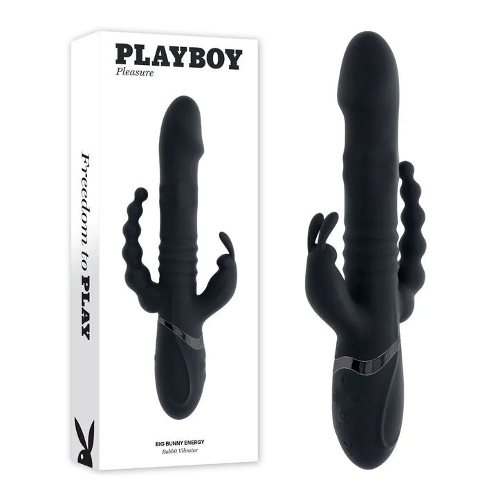 Playboy Pleasure Big Bunny Energy rabbit vibrator in black beside its retail box