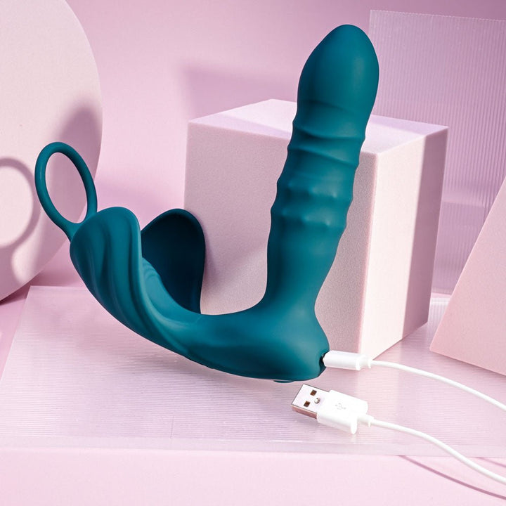 Playboy Pleasure BRING IT ON - Teal USB Rechargeable Thrusting Anal Plug with Cock Ring – Sex toys NZ by Naughtyhut. Discreet delivery nationwide.