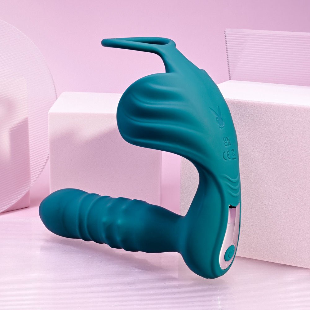 Buy Playboy Pleasure BRING IT ON - Teal USB Rechargeable Thrusting Anal Plug with Cock Ring – Naughtyhut NZ sex toys online. Discreet delivery & top brands.