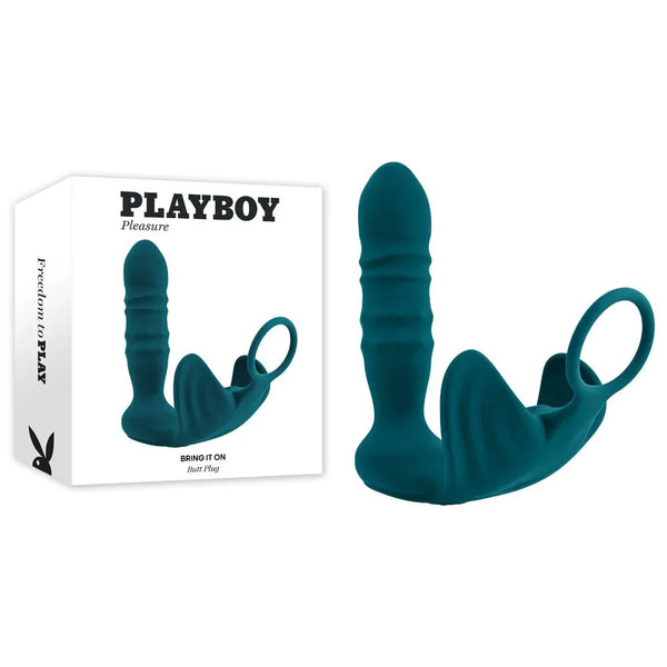 Playboy Pleasure Bring It On thrusting anal plug and cock ring in teal beside its box