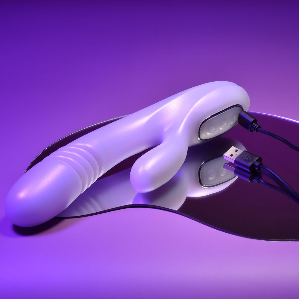 Buy Playboy Pleasure BUMPING BUNNY - Opal 22.9 cm USB Rechargeable Thrusting & Warming Rabbit Vibrator – Naughtyhut NZ sex toys online. Discreet delivery & top brands.