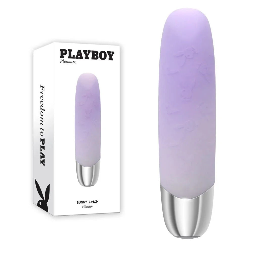 Playboy Pleasure Bunny Bunch bullet vibrator in pearl with silver base, beside its box