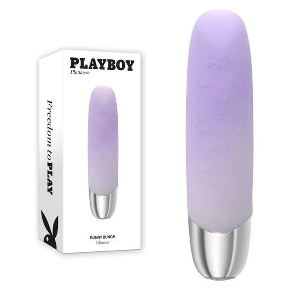 Playboy Pleasure Bunny Bunch bullet vibrator in pearl with silver base, beside its box