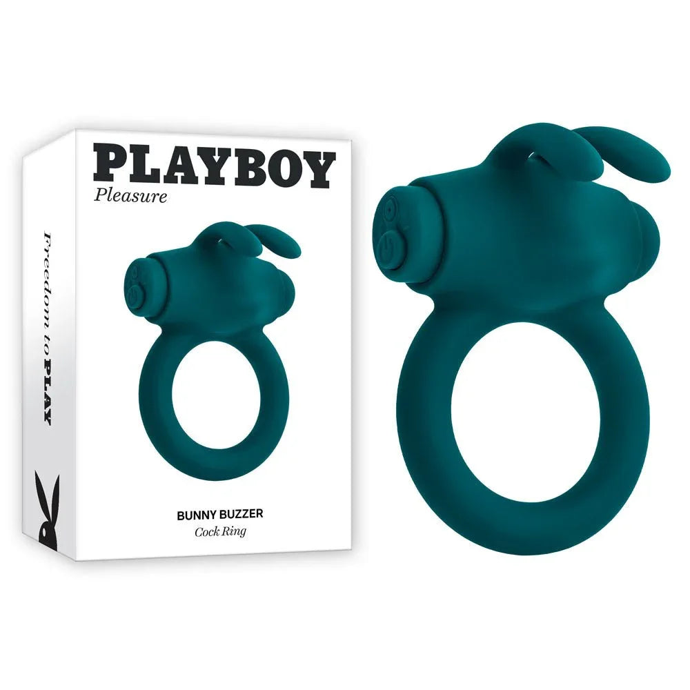 Playboy Pleasure Bunny Buzzer cock ring in green beside its Playboy Pleasure retail box