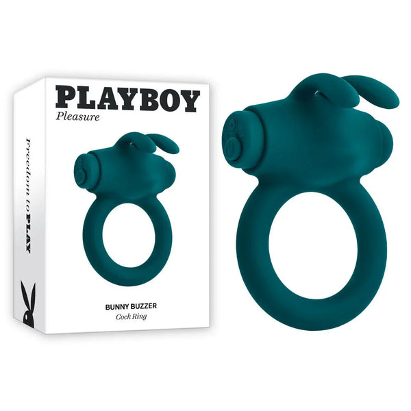 Playboy Pleasure Bunny Buzzer cock ring in green beside its Playboy Pleasure retail box