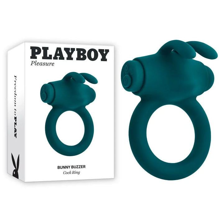Playboy Pleasure Bunny Buzzer cock ring in green beside its Playboy Pleasure retail box