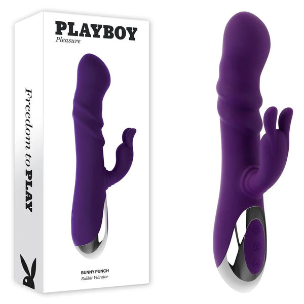 Playboy Pleasure Bunny Punch twirling rabbit vibrator in purple beside its retail box