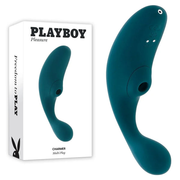 Playboy Pleasure Charmer clitoral suction vibrator in blue beside its retail box