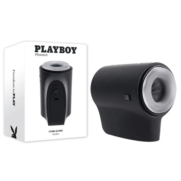 Playboy Pleasure Come Along vibrating stroker in black beside its retail box