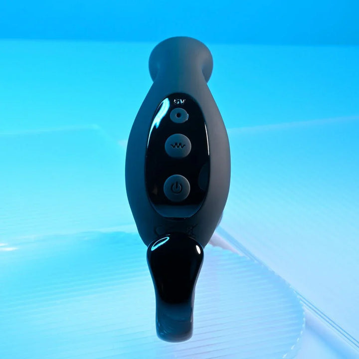 Head-on view of the Come Hither control panel and Playboy bunny on black silicone