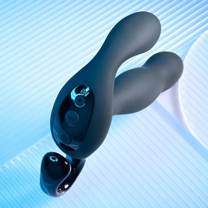 Black Come Hither tilted upright showing the control buttons on its underside