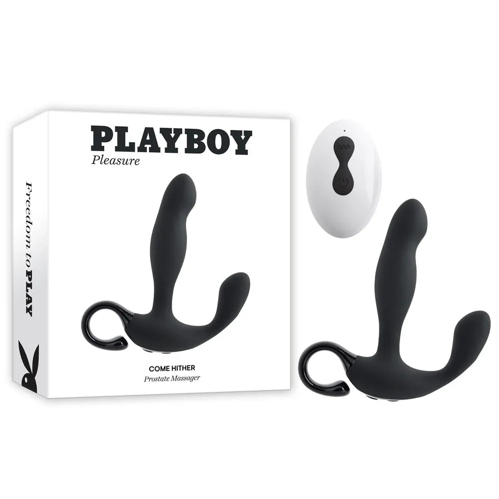Playboy Pleasure Come Hither prostate massager in black beside its box and remote