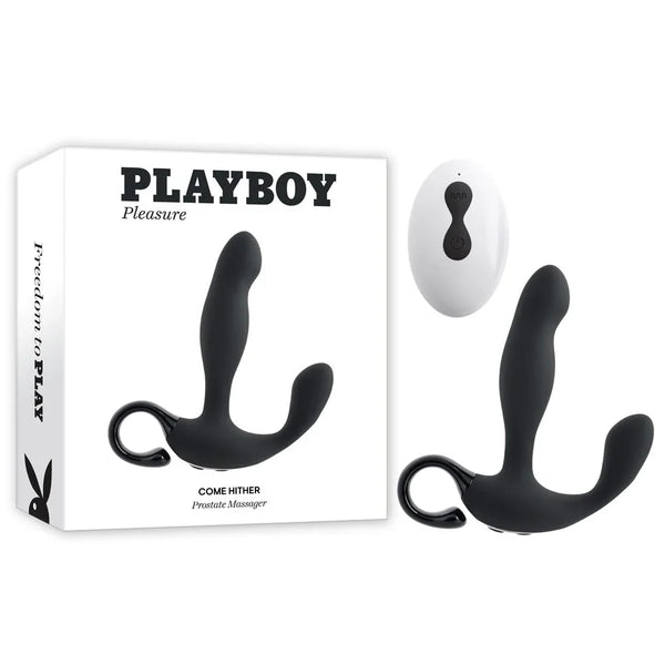 Playboy Pleasure Come Hither prostate massager in black beside its box and remote