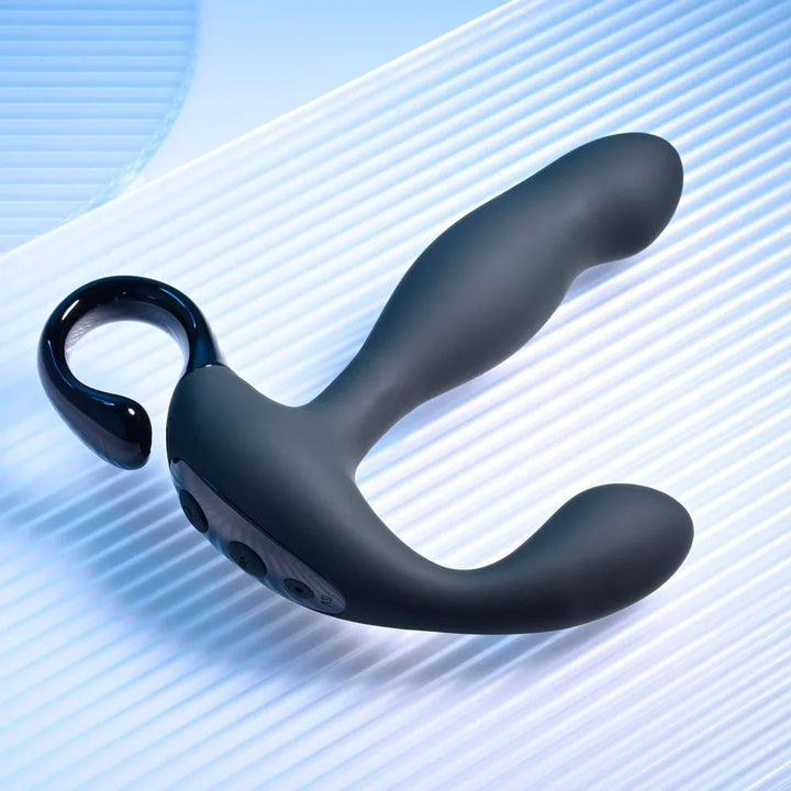 Come Hither in black lying flat, curved shaft and perineal arm with pull ring