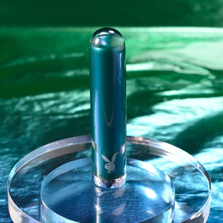 Playboy Pleasure EMERALD - Blue 9.1 cm USB Rechargeable Glass Tipped Bullet – Sex toys NZ by Naughtyhut. Discreet delivery nationwide.
