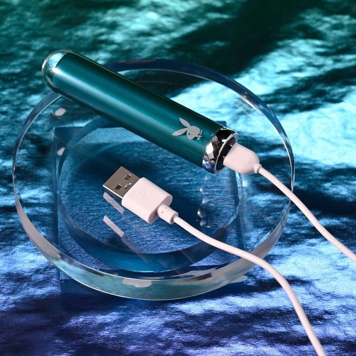 Playboy Pleasure EMERALD - Blue 9.1 cm USB Rechargeable Glass Tipped Bullet – Sex toys NZ by Naughtyhut. Discreet delivery nationwide.