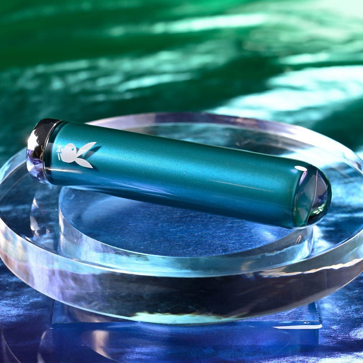 Playboy Pleasure EMERALD - Blue 9.1 cm USB Rechargeable Glass Tipped Bullet – Sex toys NZ by Naughtyhut. Discreet delivery nationwide.